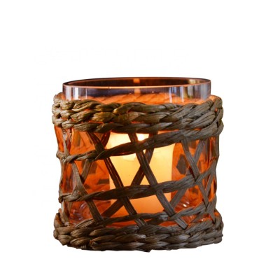 hand made glass candle holder with wicker sleeve for home decoration