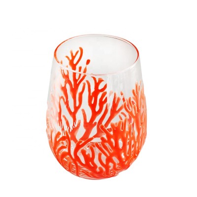 Customized Red Coral  Egg Shape Wine Glass Hand Painted Stemless Wine Glass