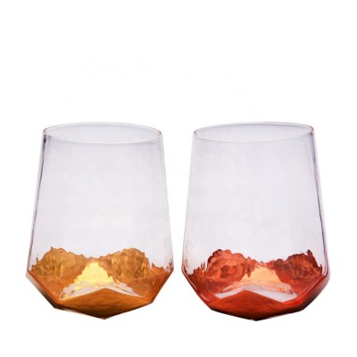 Mouth Blown Diamond Stemless Wine Glasses Popular Golden Tumbler Wine Glass