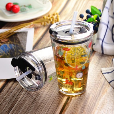 Hot Sale Pint Coffee  Glass Cup with Lid And Straw Cocktail Juice Drinking Glasses