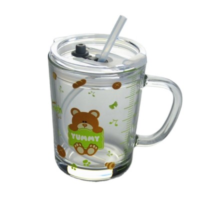 Milk Water Glass Cup with Lid And Straw Cartoon Glass Coffee Mug